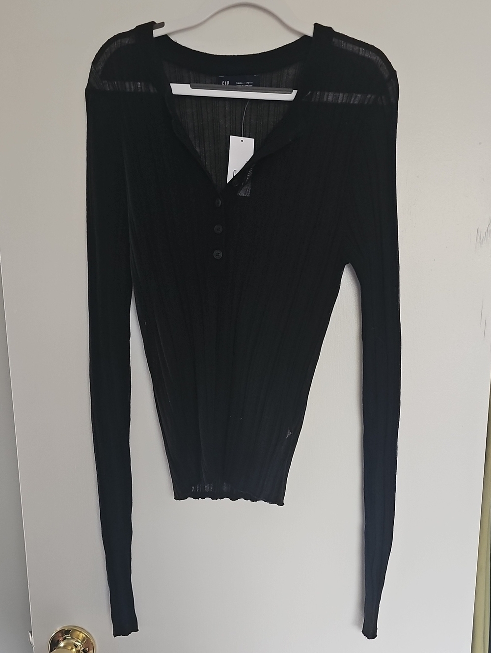 GAP Black Ribbed Long-Sleeve Henley Sheer Shirt Size S